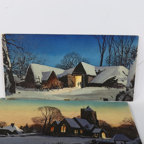 423 - Mid-20th century English School, 3 snow-covered village scenes, watercolour, unsigned, 18cm x 35cm, ... 