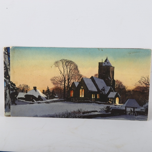 423 - Mid-20th century English School, 3 snow-covered village scenes, watercolour, unsigned, 18cm x 35cm, ... 