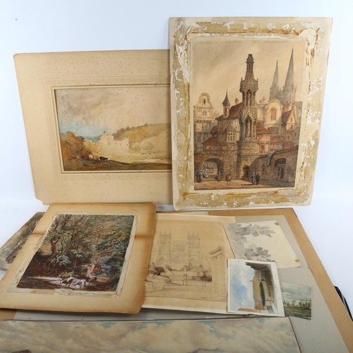 424 - A folder of mixed 18th and 19th century watercolours and drawings