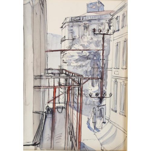 430 - Raymond Sheppard (1913 - 1958), French street view across balcony, circa 1940, watercolour pen and i... 