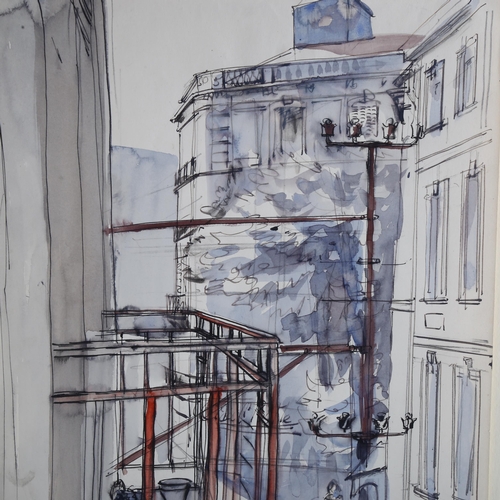 430 - Raymond Sheppard (1913 - 1958), French street view across balcony, circa 1940, watercolour pen and i... 