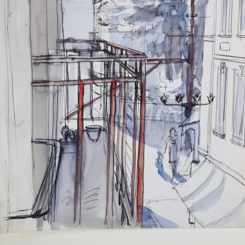 430 - Raymond Sheppard (1913 - 1958), French street view across balcony, circa 1940, watercolour pen and i... 