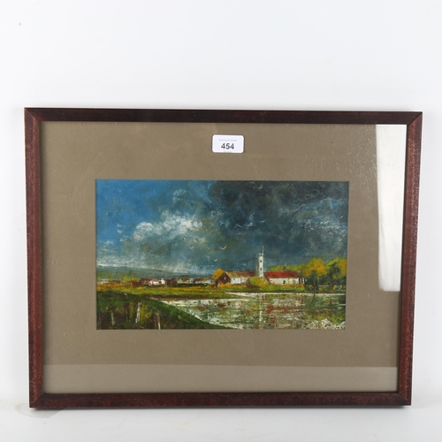 454 - Peter J Edwards, view towards a village, oil on card, 19cm x 31cm, framed