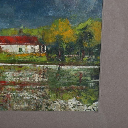 454 - Peter J Edwards, view towards a village, oil on card, 19cm x 31cm, framed