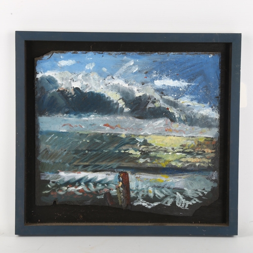 455 - Pauline Davidson, abstract landscape, oil on slate, framed, overall frame dimensions 32cm x 36cm