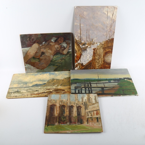 459 - 5 various 20th century oils on board, including works by Jean Howell, unframed (5)