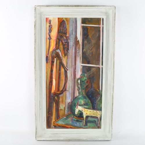 461 - Brian Oxley, Tribal still life, oil on board, signed, 55cm x 28cm, framed