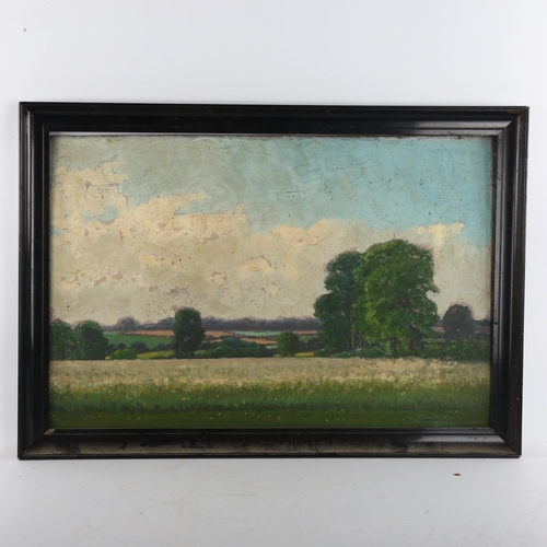 472 - J Trevor Midgley, extensive farm landscape, oil on board, signed, 40cm x 60cm, framed