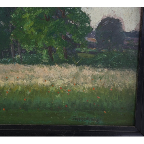 472 - J Trevor Midgley, extensive farm landscape, oil on board, signed, 40cm x 60cm, framed