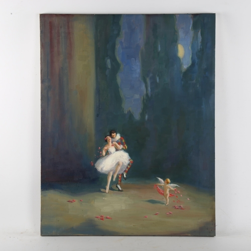 473 - Harlequin & Columbine Ballet composition, oil on canvas, mid-20th century, unsigned, 61cm x 48cm, un... 