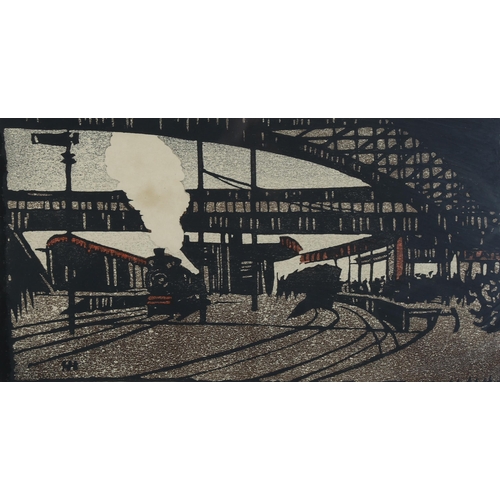 479 - Eric Hesketh Hubbard (1892 - 1957), train station, colour woodcut print, signed in pencil, image 15c... 