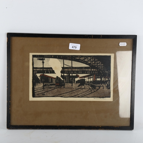 479 - Eric Hesketh Hubbard (1892 - 1957), train station, colour woodcut print, signed in pencil, image 15c... 