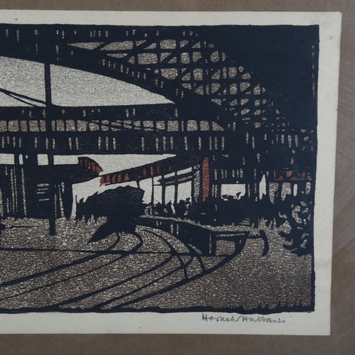 479 - Eric Hesketh Hubbard (1892 - 1957), train station, colour woodcut print, signed in pencil, image 15c... 