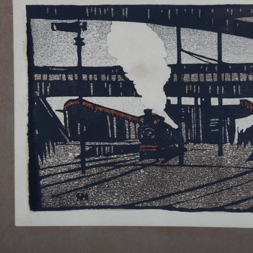 479 - Eric Hesketh Hubbard (1892 - 1957), train station, colour woodcut print, signed in pencil, image 15c... 