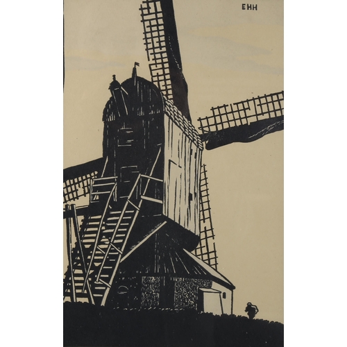 480 - Eric Hesketh Hubbard (1892 - 1957), old windmill, colour woodcut print, signed in pencil, image 30cm... 