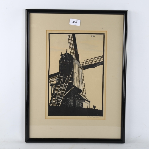 480 - Eric Hesketh Hubbard (1892 - 1957), old windmill, colour woodcut print, signed in pencil, image 30cm... 