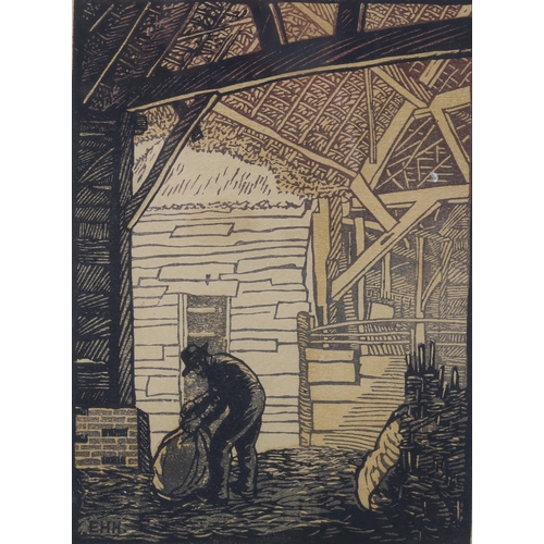 482 - Eric Hesketh Hubbard (1892 - 1957), barn interior, woodblock print, signed in pencil, image 25cm x 1... 