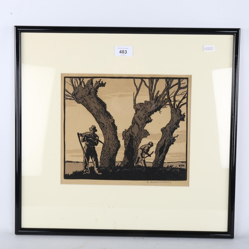 483 - Eric Hesketh Hubbard (1892 - 1957), harvest workers, woodcut print, signed in pencil, image 22cm x 2... 