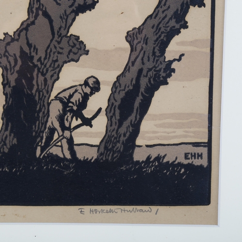 483 - Eric Hesketh Hubbard (1892 - 1957), harvest workers, woodcut print, signed in pencil, image 22cm x 2... 