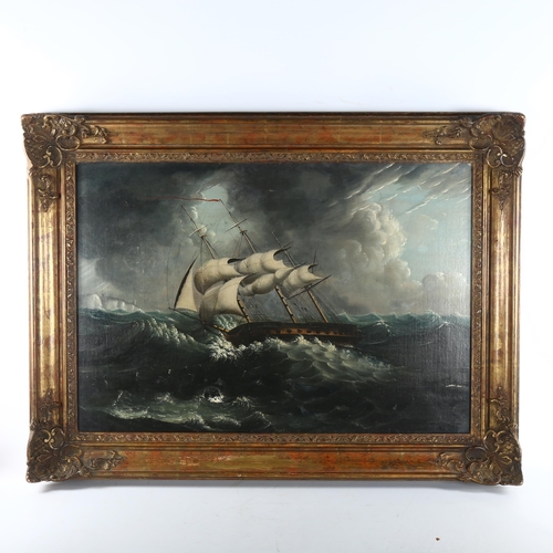 486 - 19th century English School, 3-masted warship off the coast in rough seas, unsigned, 56cm x 81cm, fr... 