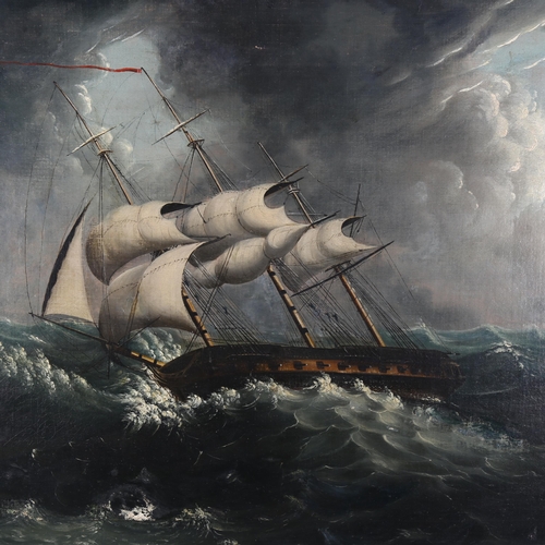 486 - 19th century English School, 3-masted warship off the coast in rough seas, unsigned, 56cm x 81cm, fr... 