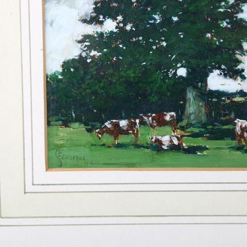 489 - Paul Gaisford, oil on board, cattle under an oak tree, signed, 8