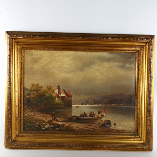 490 - 19th century Continental School lake scene with fishermen, indistinctly signed, 46cm x 64cm, framed