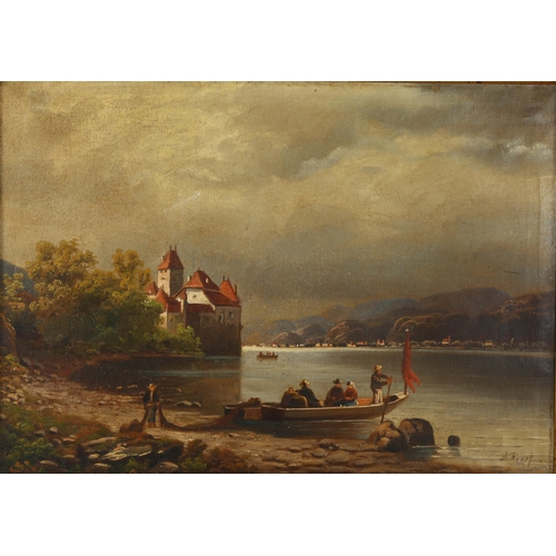 490 - 19th century Continental School lake scene with fishermen, indistinctly signed, 46cm x 64cm, framed