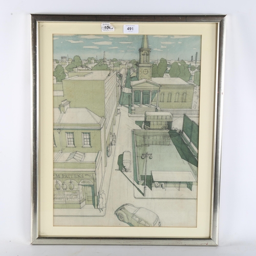 491 - Mid-20th century architectural street scene, watercolour/pencil, unsigned, 50cm x 37cm, framed