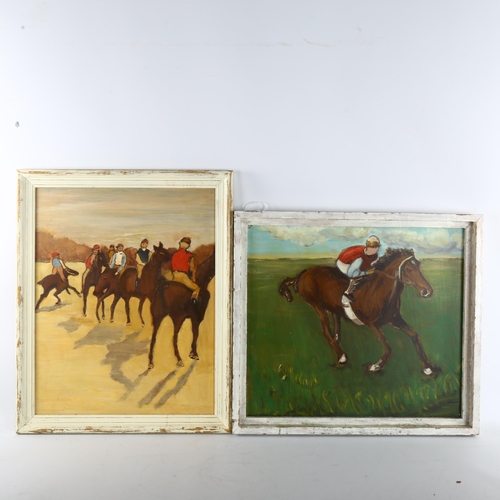 497 - Pair of contemporary studies of racehorses and jockeys, oil on board, unsigned, largest 40cm x 44cm,... 