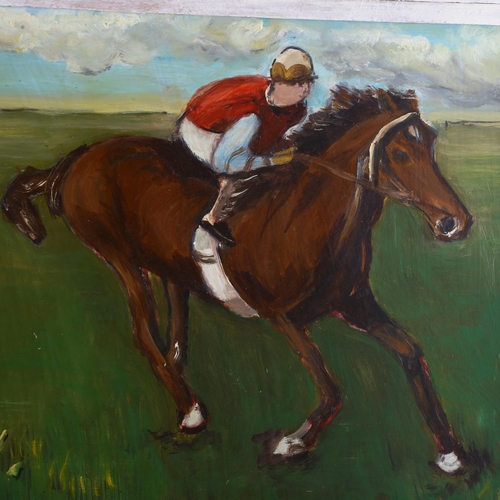 497 - Pair of contemporary studies of racehorses and jockeys, oil on board, unsigned, largest 40cm x 44cm,... 