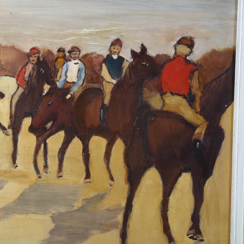 497 - Pair of contemporary studies of racehorses and jockeys, oil on board, unsigned, largest 40cm x 44cm,... 