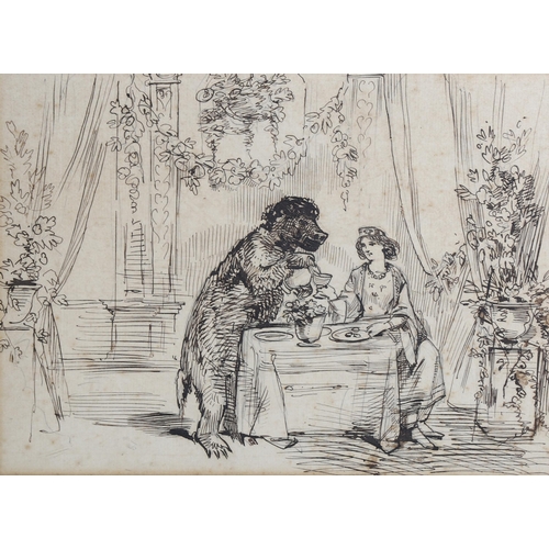 507 - 19th century pen and ink caricature sketch, lady served tea by a bear, unsigned, 19cm x 27cm, togeth... 