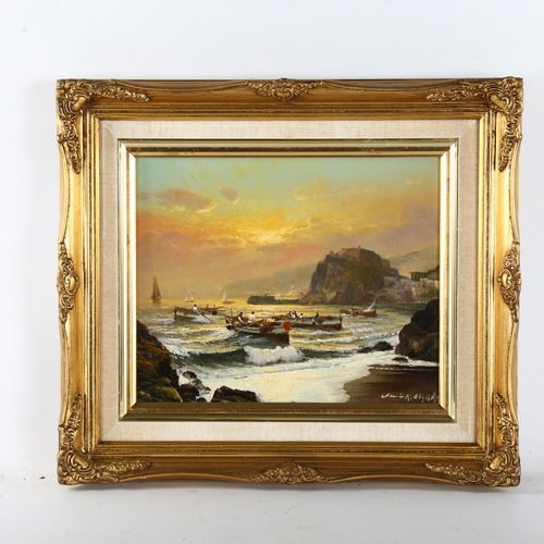 511 - Mario Allegretti, fishermen at sunset, oil on canvas, signed, 24cm x 30cm, framed