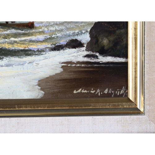 511 - Mario Allegretti, fishermen at sunset, oil on canvas, signed, 24cm x 30cm, framed