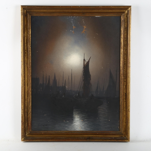 517 - Joachim Van Hier (1834 - 1905), moonlit harbour scene, oil on canvas, signed, 46cm x 36cm, framed