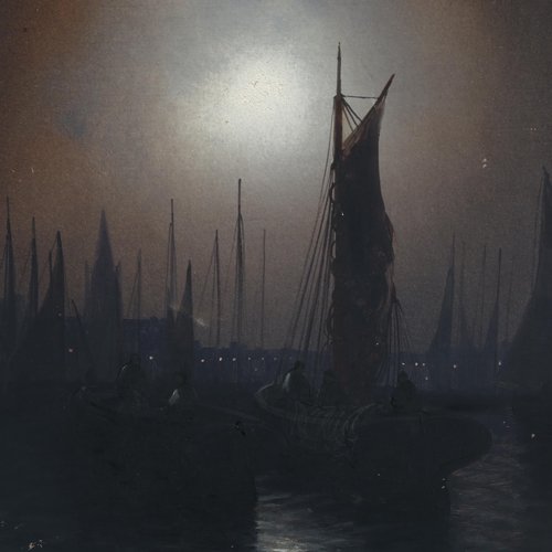 517 - Joachim Van Hier (1834 - 1905), moonlit harbour scene, oil on canvas, signed, 46cm x 36cm, framed