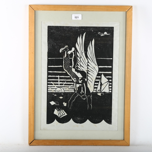 521 - James Dodds, falling angel, woodcut print, signed in pencil, image 40cm x 27cm, framed