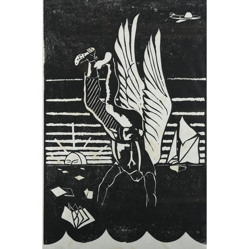 521 - James Dodds, falling angel, woodcut print, signed in pencil, image 40cm x 27cm, framed