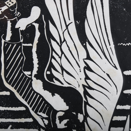 521 - James Dodds, falling angel, woodcut print, signed in pencil, image 40cm x 27cm, framed