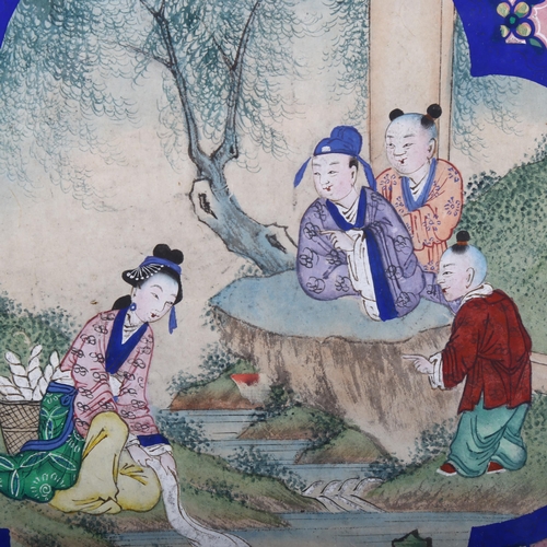 523 - Chinese School, figures beside a river, watercolour in painted border, image 40cm x 40cm, framed