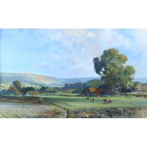 534 - Norman Dinnage, The Downs near Eastbourne, oil on board, signed, 28cm x 46cm, framed