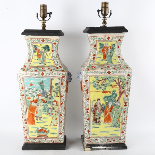 171 - A pair of Chinese porcelain square-section table lamps, with painted enamel panels and lion ring han... 