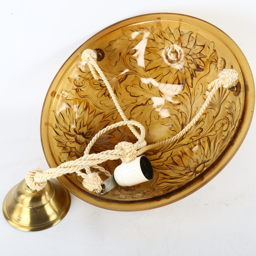 174 - A French amber glass plafonnier, relief moulded floral design, original buttons, new cords and wirin... 