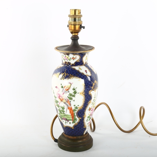 187 - 19th century Continental porcelain table lamp, with painted and gilded exotic birds and insects, hei... 