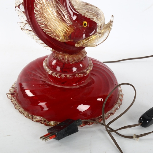 200 - A Murano handmade red/clear glass gurgle fish design table lamp, mid-20th century, with shade, overa... 