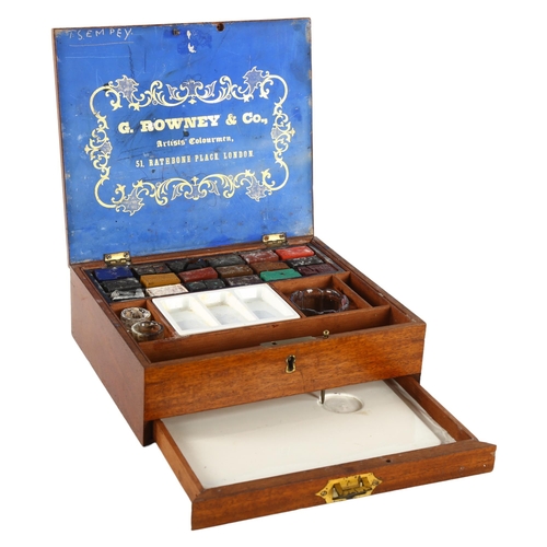 207 - G Rowney & Co mahogany artist's box, with porcelain palette, original paints and drawer below, 23cm ... 