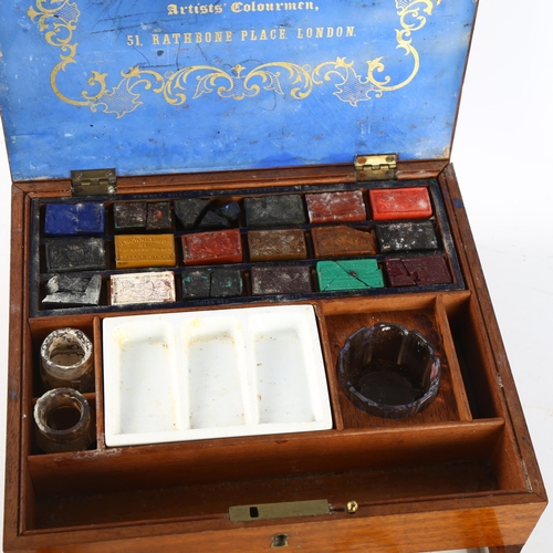 207 - G Rowney & Co mahogany artist's box, with porcelain palette, original paints and drawer below, 23cm ... 