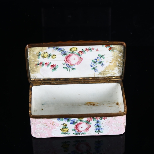 208 - An 18th century rectangular enamel box, with hand painted decoration, length 9cm