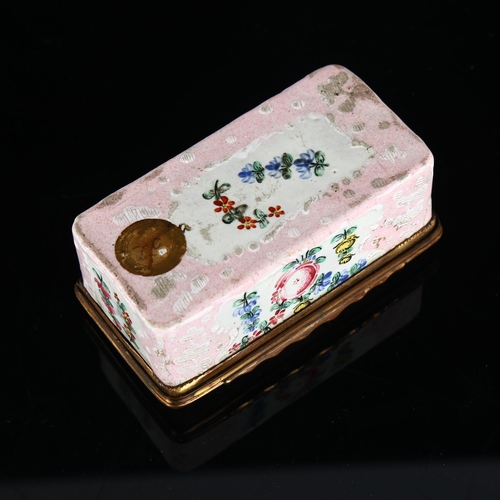 208 - An 18th century rectangular enamel box, with hand painted decoration, length 9cm